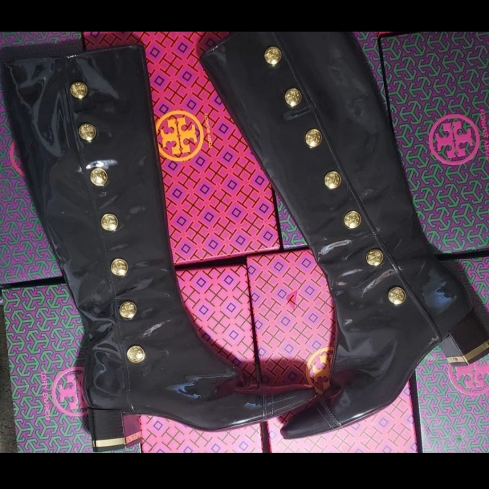 Tory Burch Glossy Black Boots with Gold Accents